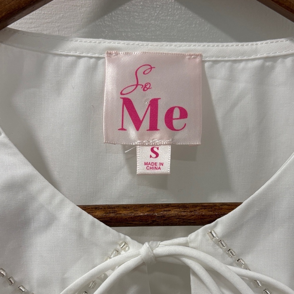So Me The Charming Blouse Tie Front Pearl Detail Size Small White Boho - Picture 4 of 8